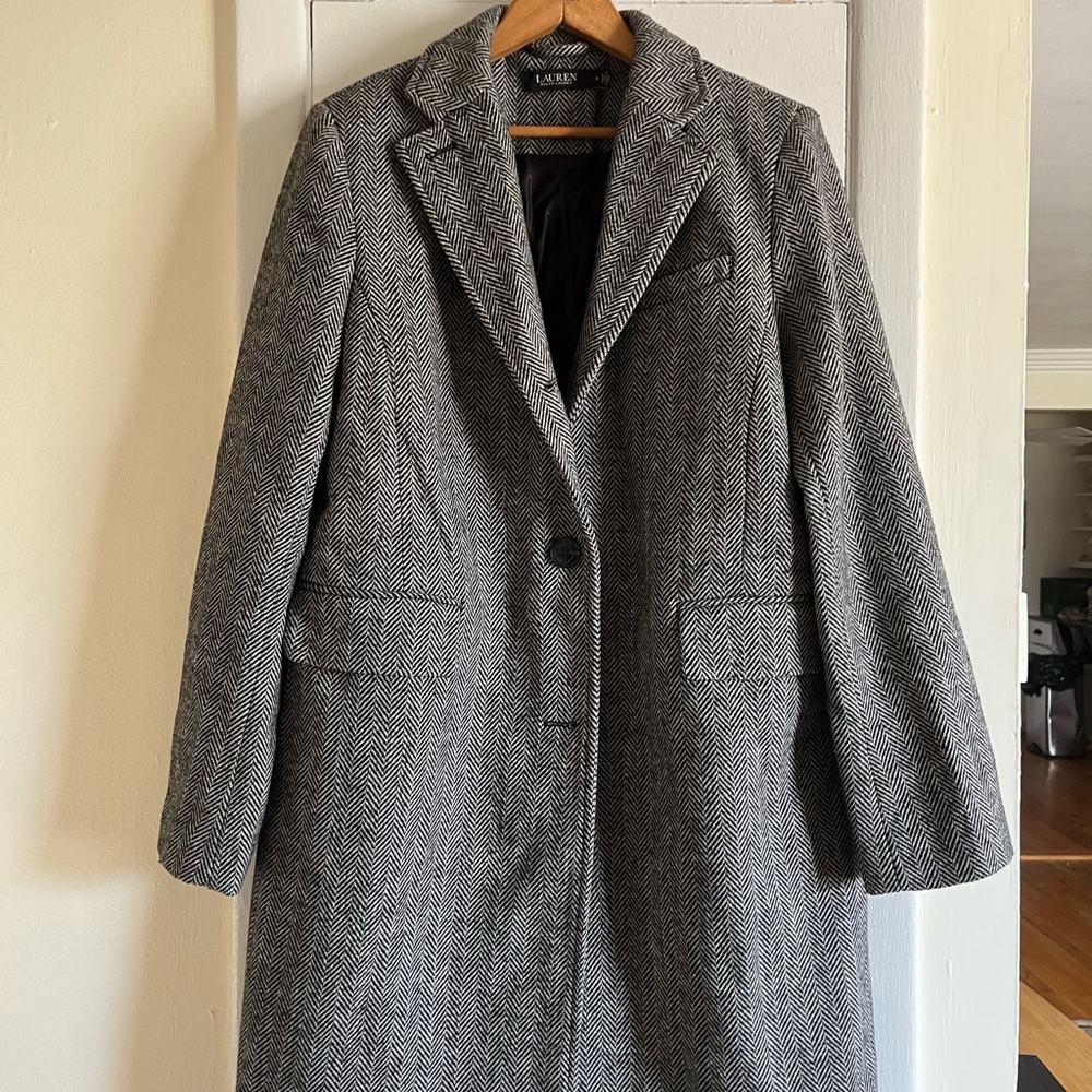 Ralph Lauren Black and White Herringbone Trench Coat - Picture 2 of 6